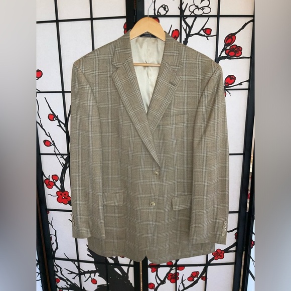 Mens Hart Schaffner Marx 44R Luxe Light Cream Brown Plaid Suit Blazer Jacket - Picture 1 of 16